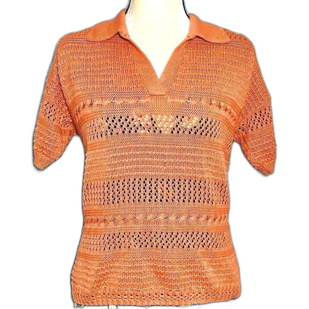 Joie Open Knit Crochet Short Sleeve Polo Sweater Orange L